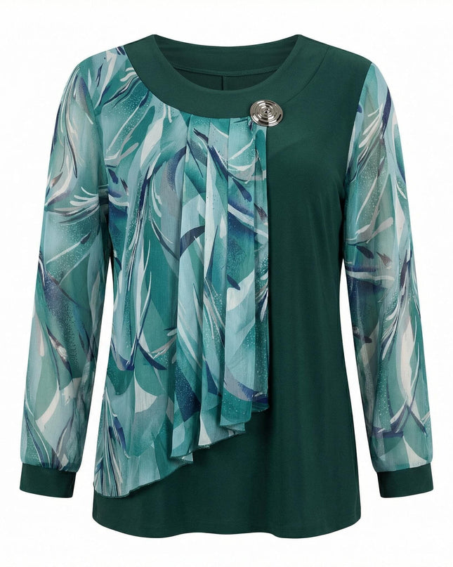 Елегантна макси туника в масленозелен цвят с ефирен флорален шифон и декоративна брошка, преден изглед на бял фон.