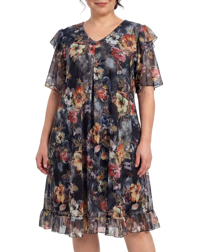 Официална разкроена рокля от шифон на цветя с V-образно деколте, ефирни ръкави и волан в долната част, заснета отпред в цял ръст.