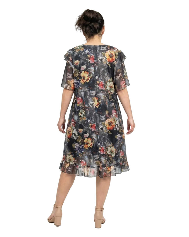 Официална разкроена рокля от шифон на цветя с еластична подплата, заснета отзад в цял ръст на бял фон.