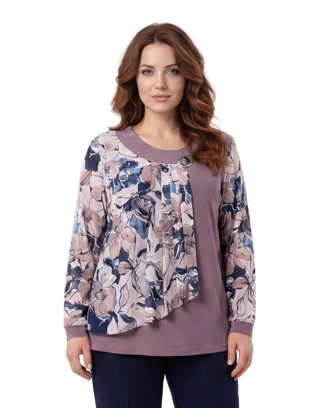 Официална разкроена туника пепел от рози с ефирен флорален елемент и декоративна брошка, заснета отпред.