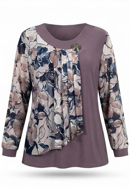 Официална разкроена туника пепел от рози с флорален шифон и метална брошка на деколтето, заснета отпред на бял фон.