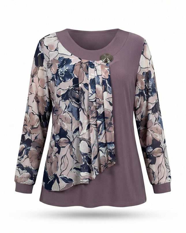 Официална разкроена туника пепел от рози с флорален шифон и метална брошка на деколтето, заснета отпред на бял фон.