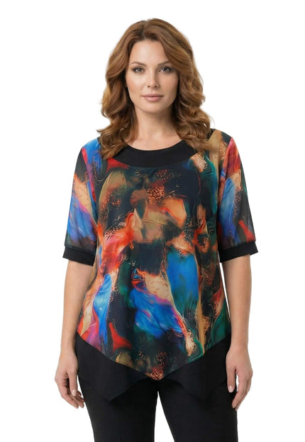 Официална разкроена туника с асиметричен шифон и цветен принт, заснета отпред върху модел на бял фон.