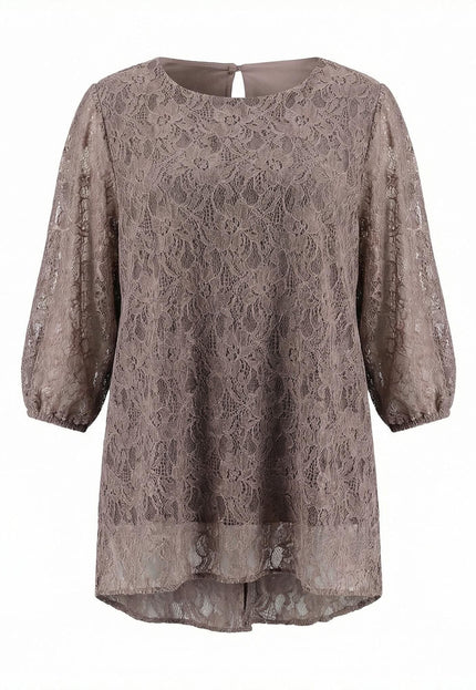 Официална дантелена туника с флорални мотиви и 3/4 ръкави, поглед отзад на бял фон