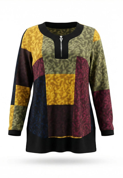 Официална шарена макси туника с абстрактен пачуърк десен в земни тонове, сребрист цип на деколтето и черни кантове, заснета на бял фон.