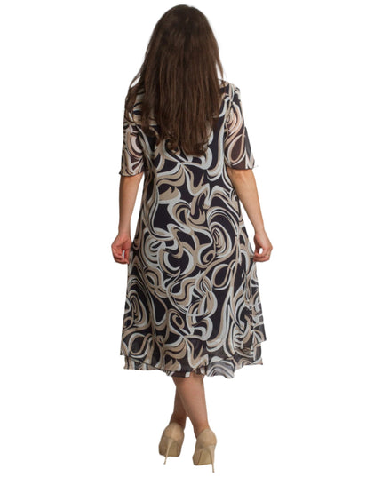 Официална шифонена рокля с цвете в черно - бежов десен - Maxi Market