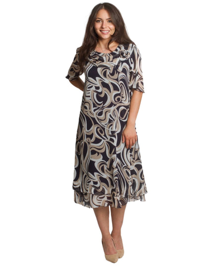 Официална шифонена рокля с цвете в черно - бежов десен - Maxi Market