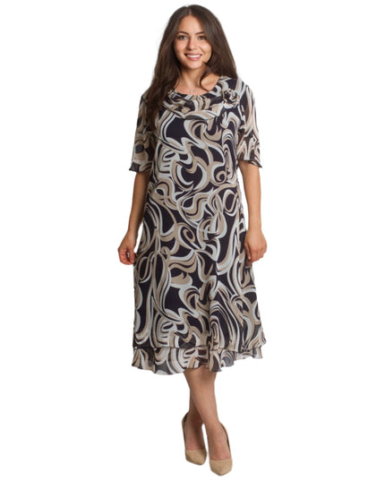 Официална шифонена рокля с цвете в черно - бежов десен - Maxi Market