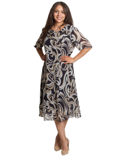 Официална шифонена рокля с цвете в черно - бежов десен - Maxi Market