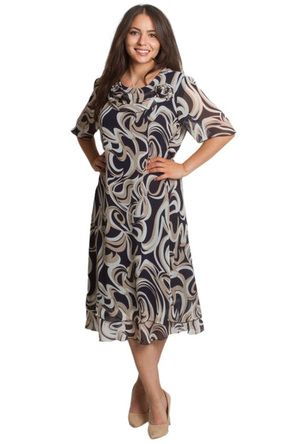 Официална шифонена рокля с цвете в черно - бежов десен - Maxi Market