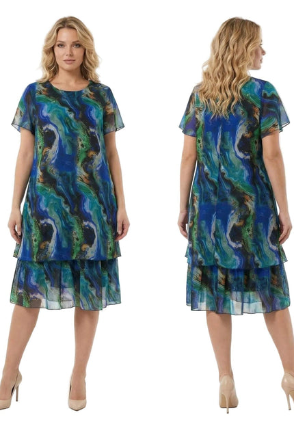 Официална шифонена рокля в преливащи тонове големи размери, показана отпред и отзад на бял фон.