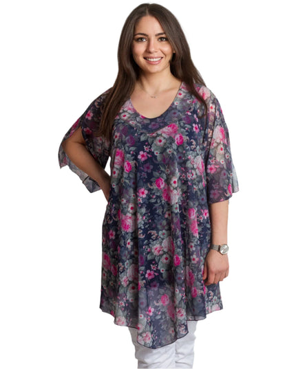 Официална шифонена туника с флорален десен и потник - Maxi Market