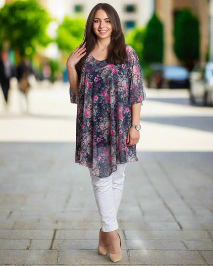 Официална шифонена туника с флорален десен и потник - Maxi Market
