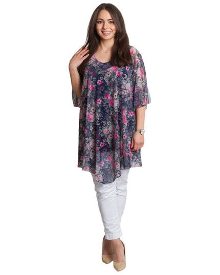 Официална шифонена туника с флорален десен и потник - Maxi Market