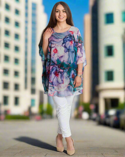Официална шифонена туника с флорален десен и свободна кройка - Maxi Market