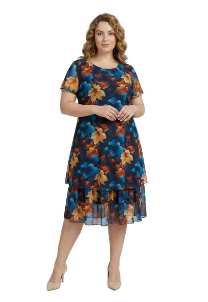 Официална тъмносиня макси рокля от шифон с многоцветен принт на листа и къси ръкави. Моделът е заснет отпред на бял фон.