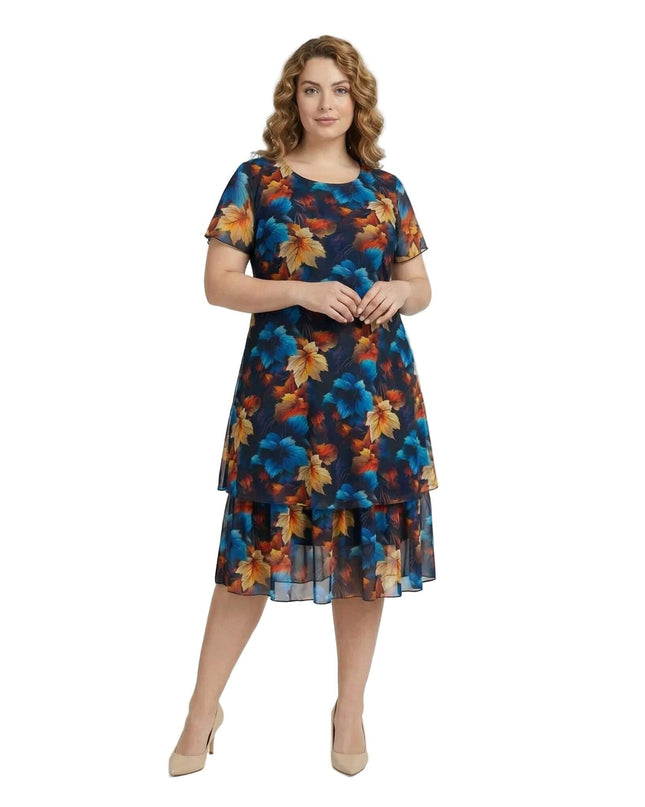 Официална тъмносиня макси рокля от шифон с многоцветен принт на листа и къси ръкави. Моделът е заснет отпред на бял фон.