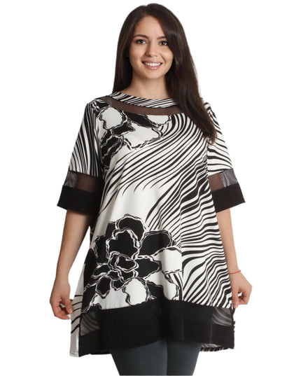 Официална туника с красива апликация на цвете - 4XL,5XL - Нежен десен - Разкроена кройка - Пролет - Лято - Maxi Market