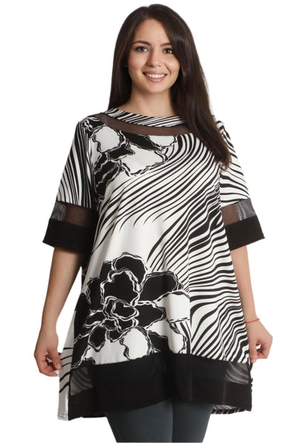 Официална туника с красива апликация на цвете - 4XL,5XL - Нежен десен - Разкроена кройка - Пролет - Лято - Maxi Market