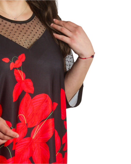 Официална туника с тюл и флорален десен в червено - Maxi Market