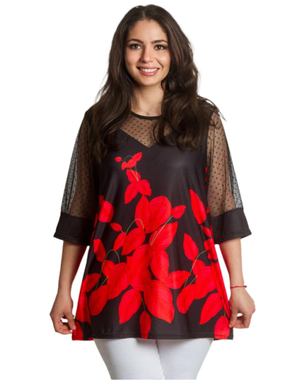 Официална туника с тюл и флорален десен в червено - Maxi Market