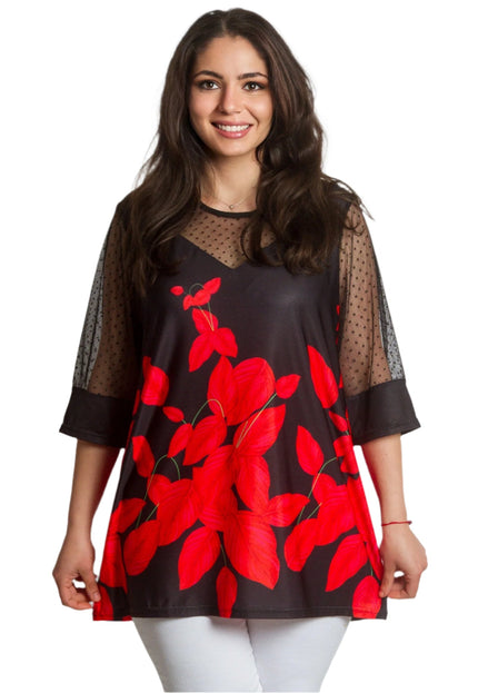Официална туника с тюл и флорален десен в червено - Maxi Market