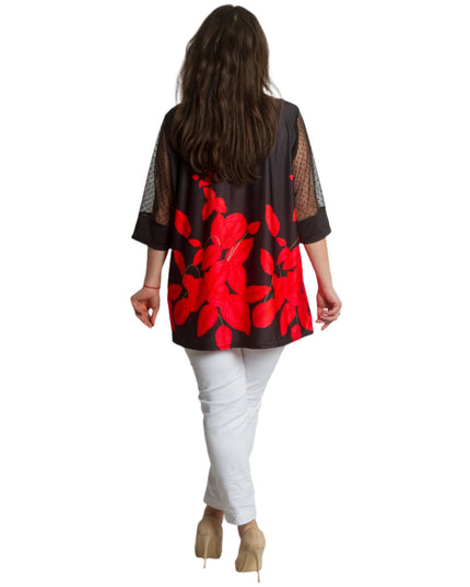 Официална туника с тюл и флорален десен в червено - Maxi Market