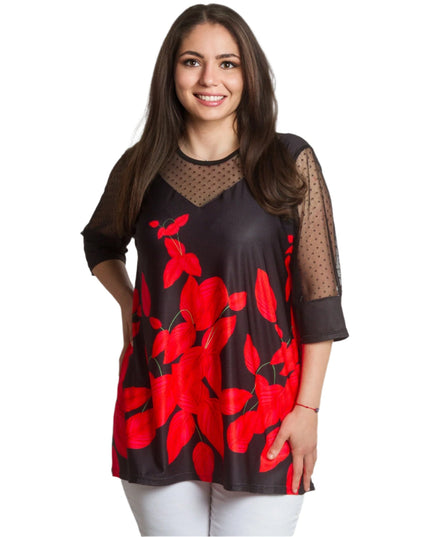Официална туника с тюл и флорален десен в червено - Maxi Market