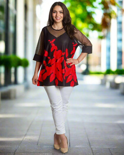 Официална туника с тюл и флорален десен в червено - Maxi Market