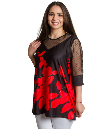 Официална туника с тюл и флорален десен в червено - Maxi Market