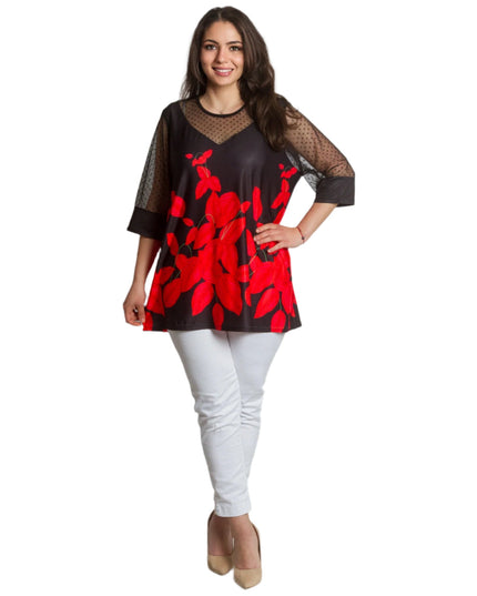 Официална туника с тюл и флорален десен в червено - Maxi Market