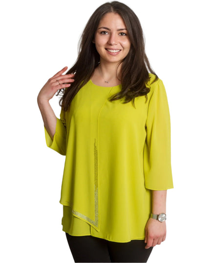 Официална жълта шифонена туника с брошка и 3/4 ръкави - Maxi Market