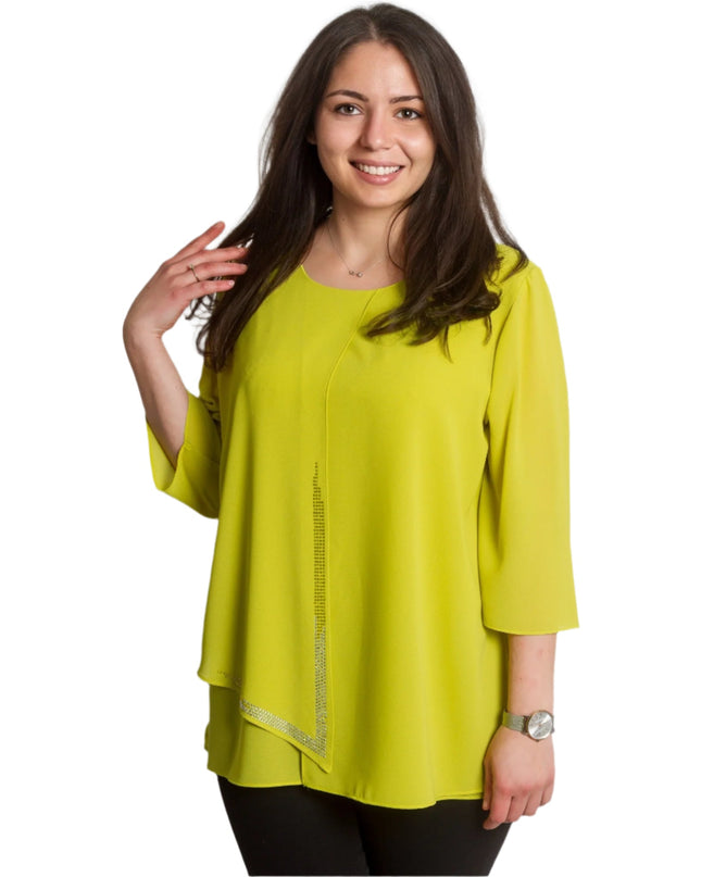 Официална жълта шифонена туника с брошка и 3/4 ръкави - Maxi Market