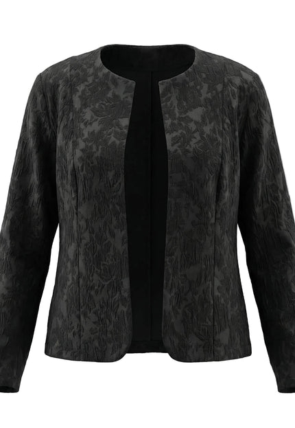 Официално черно сако с релефна текстура, свободна кройка без закопчаване и обло деколте, изглед отпред на бял фон.