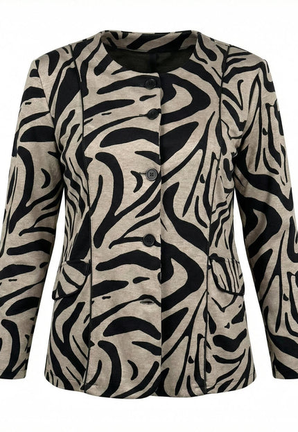 Официално дамско макси сако в бежово с черен абстрактен принт, обло деколте и черни кантове, представено във фронтален изглед на бял фон