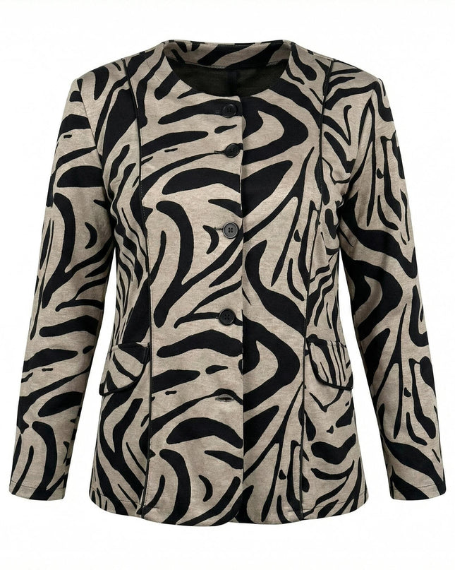 Официално дамско макси сако в бежово с черен абстрактен принт, обло деколте и черни кантове, представено във фронтален изглед на бял фон