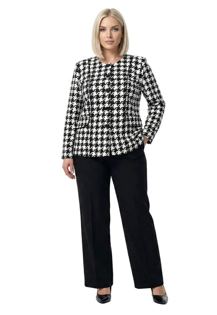 Официално дамско сако пепит в бяло за големи размери, представено отпред в цял ръст върху модел на бял фон.