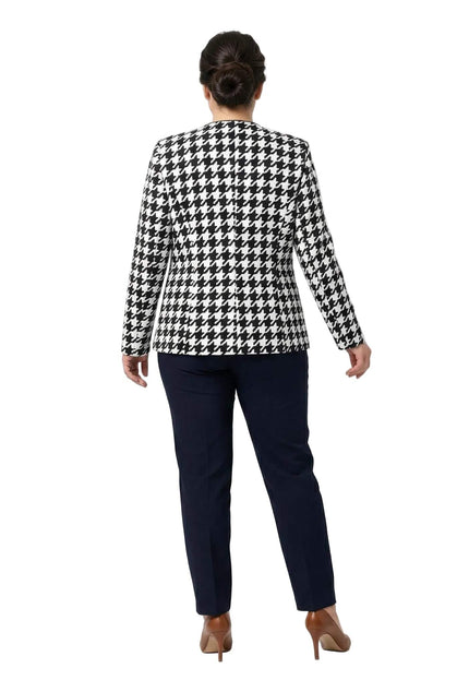 Официално дамско сако с класически десен пепит, представено в цял ръст отзад, показващо изчистената линия на гърба и правата кройка на модела.