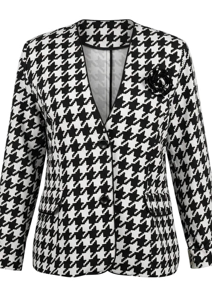 Официално дамско сако в черно-бял пепит с декоративна роза и черни кантове, изглед отпред на бял фон