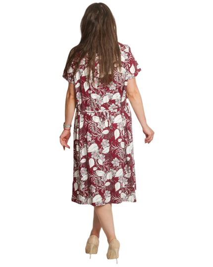 Права рокля с джобчета и цветен десен в бордо - Maxi Market