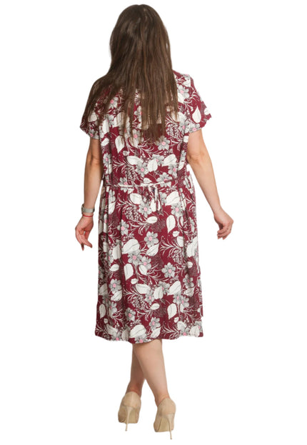 Права рокля с джобчета и цветен десен в бордо - Maxi Market