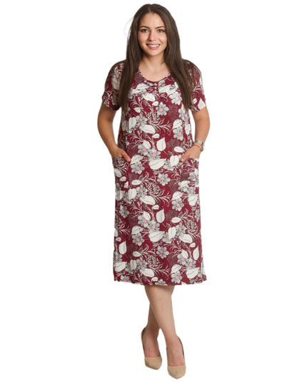 Права рокля с джобчета и цветен десен в бордо - Maxi Market