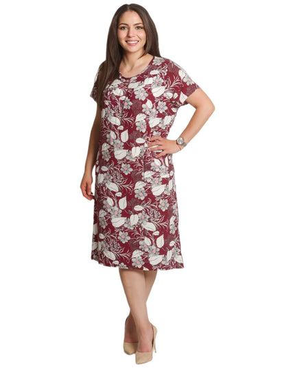 Права рокля с джобчета и цветен десен в бордо - Maxi Market