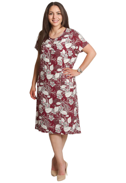 Права рокля с джобчета и цветен десен в бордо - Maxi Market