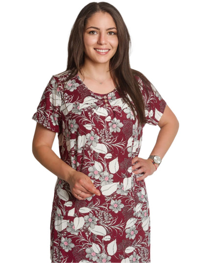 Права рокля с джобчета и цветен десен в бордо - Maxi Market