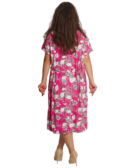 Права рокля с джобчета и цветен десен в розов цвят - Maxi Market