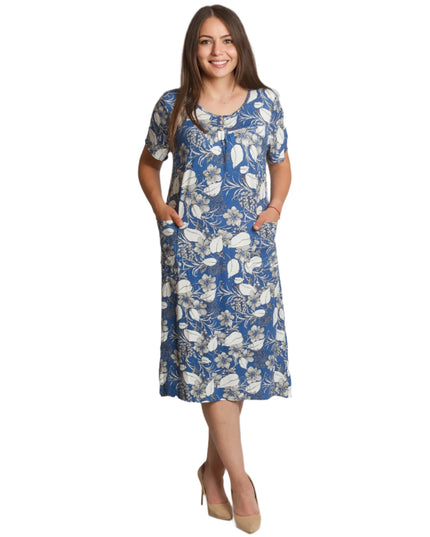 Права рокля с джобчета и цветен десен в синьо - Maxi Market