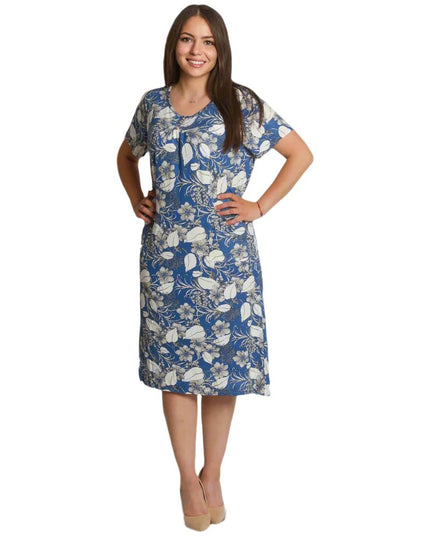 Права рокля с джобчета и цветен десен в синьо - Maxi Market