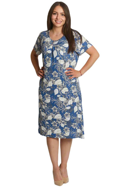 Права рокля с джобчета и цветен десен в синьо - Maxi Market