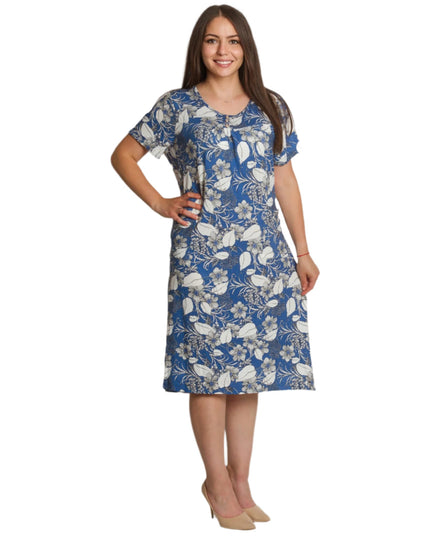 Права рокля с джобчета и цветен десен в синьо - Maxi Market